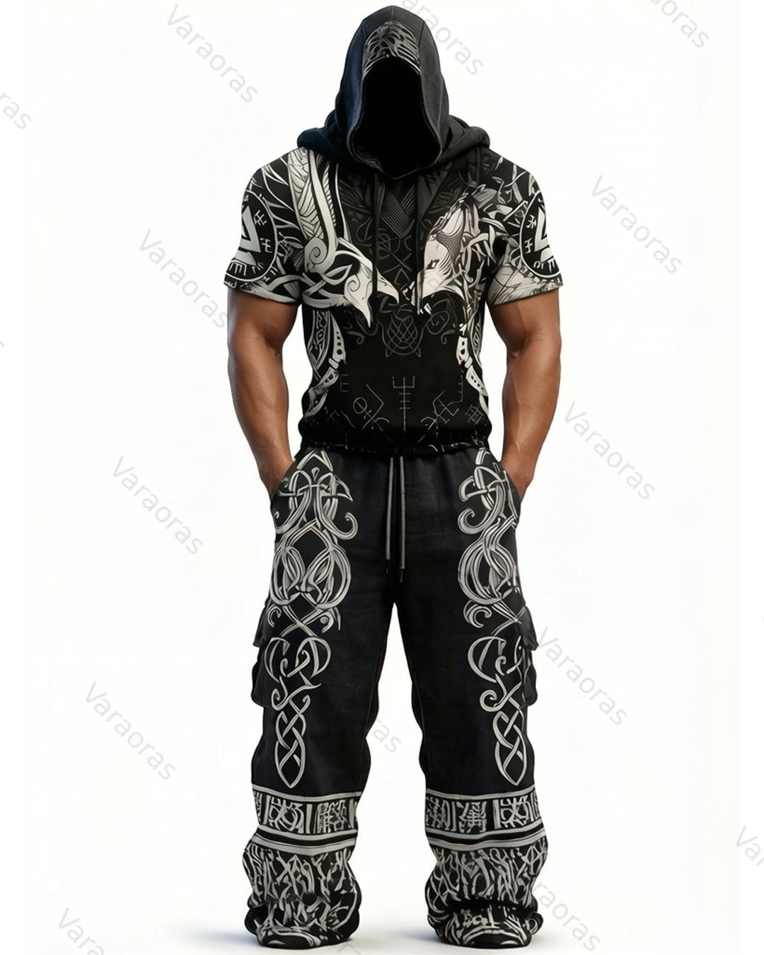 Men's Fashion Viking Contrast Color Embroidered Hoodie & Pants Two-Piece Set 5819