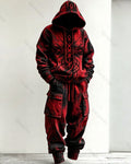 Men's Fashion Contrast Color Cross Embroidered Hoodie & Pants Two-Piece Set 7118