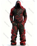 Men's Fashion Viking Contrast Color Red Dragon Embroidered Hoodie & Pants Two-Piece Set 5449