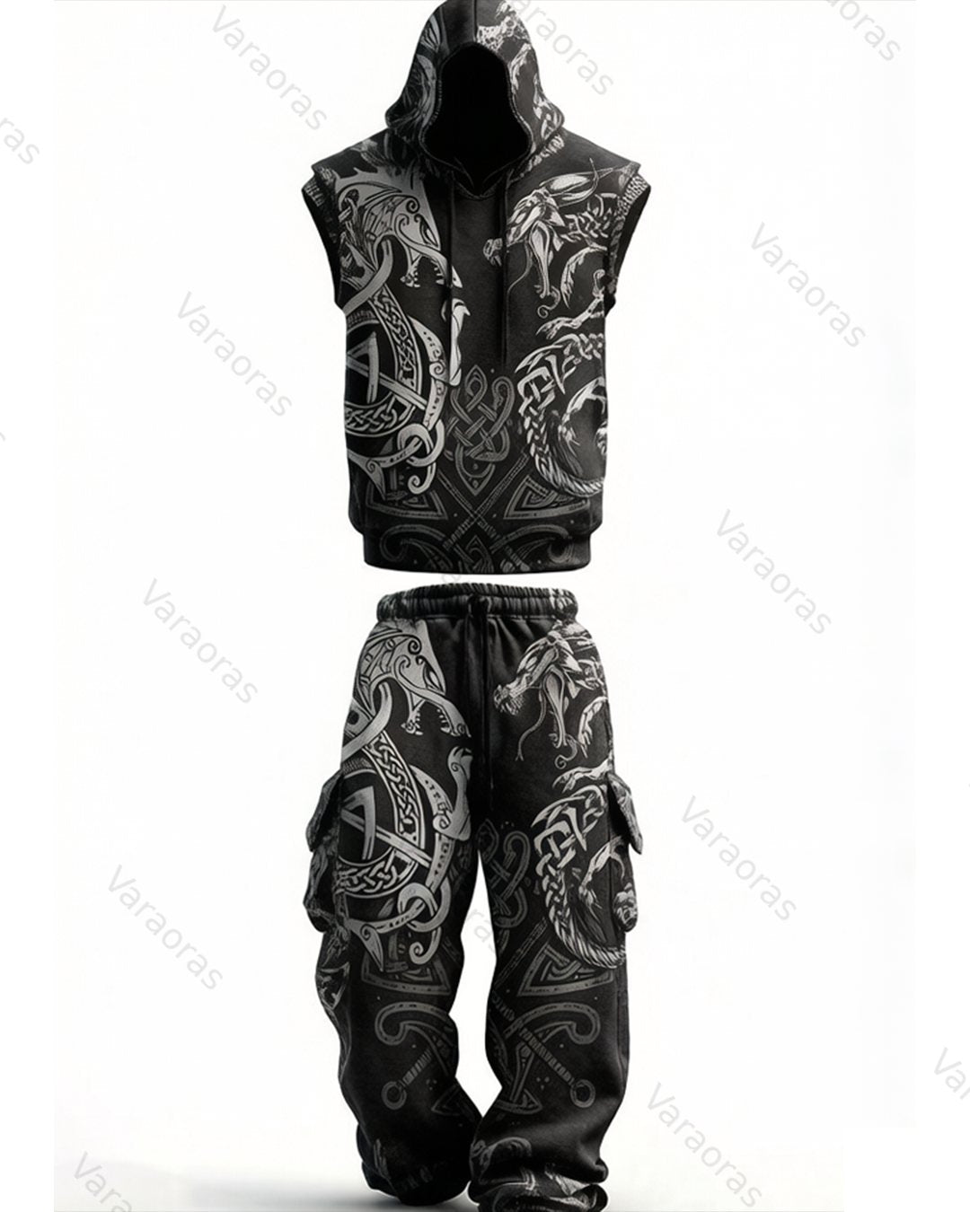 Men's Summer Fashion Viking Embroidered Short-Sleeve Hooded Top and Pants Two-Piece Set 6017
