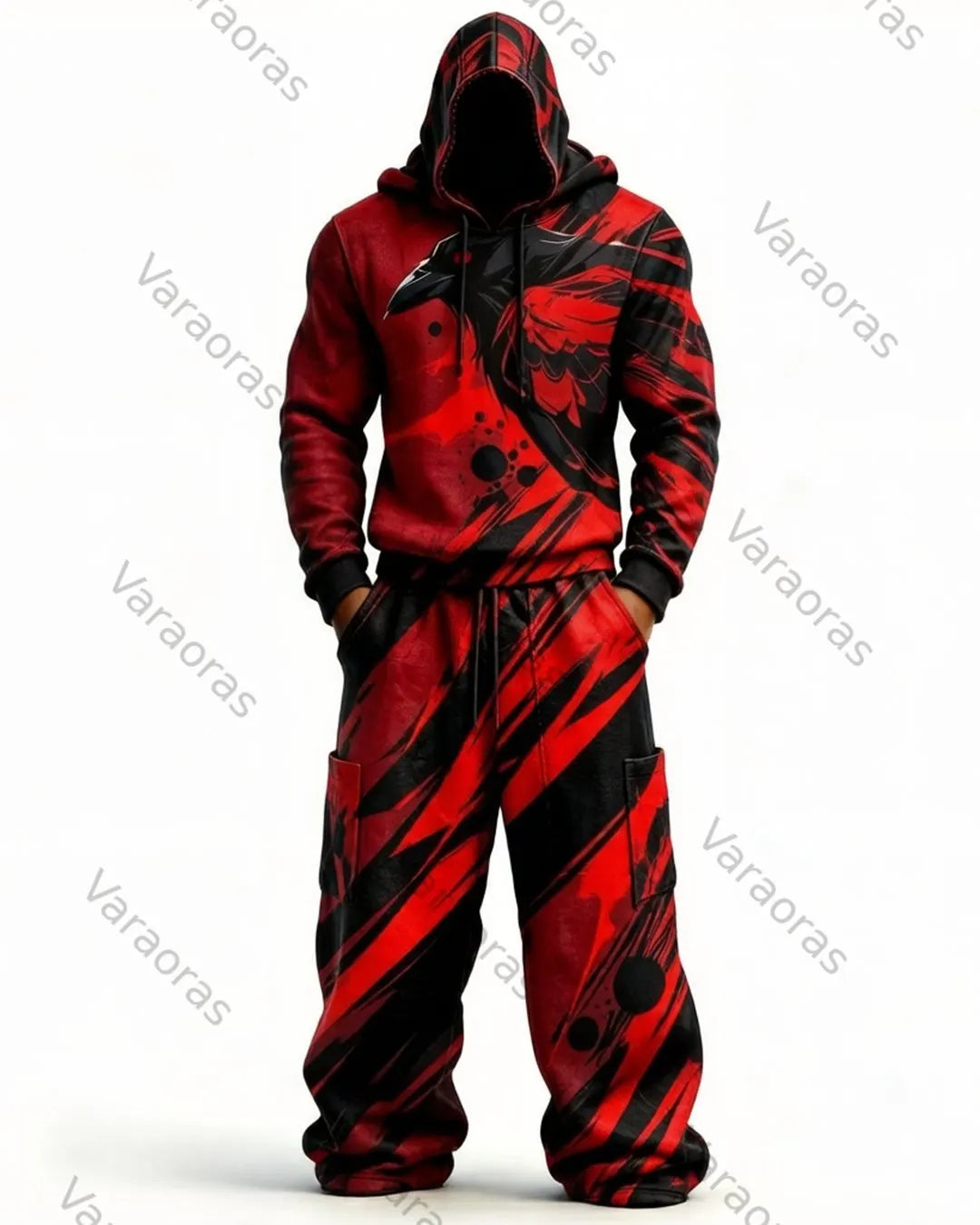 Men's Viking Color-Blocked Raven Embroidered Hoodie and Pants Two-Piece Set 1728
