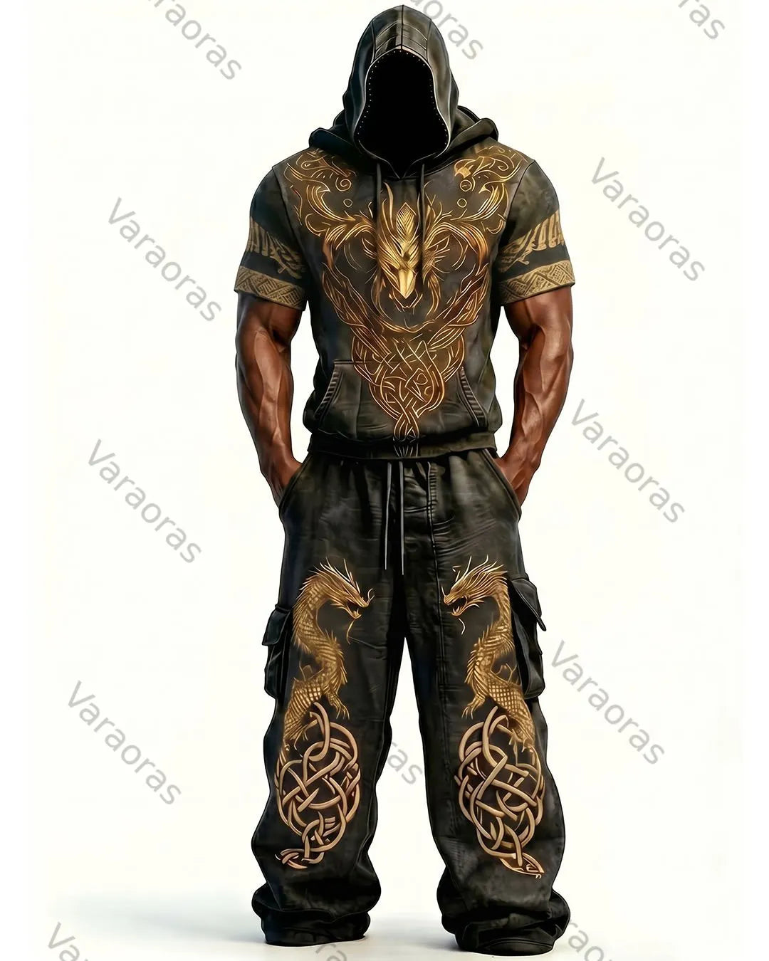 Men's Fashion Viking Contrast Color Embroidered Hoodie & Pants Two-Piece Set 8693