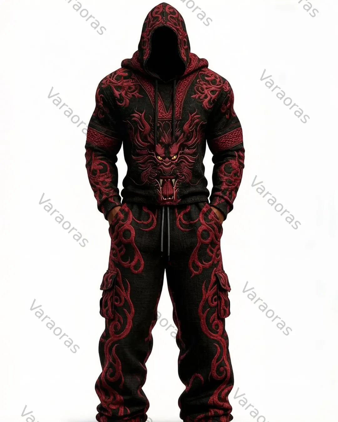 Men's Fashion Viking Contrast Color Embroidered Hoodie & Pants Two-Piece Set 4770