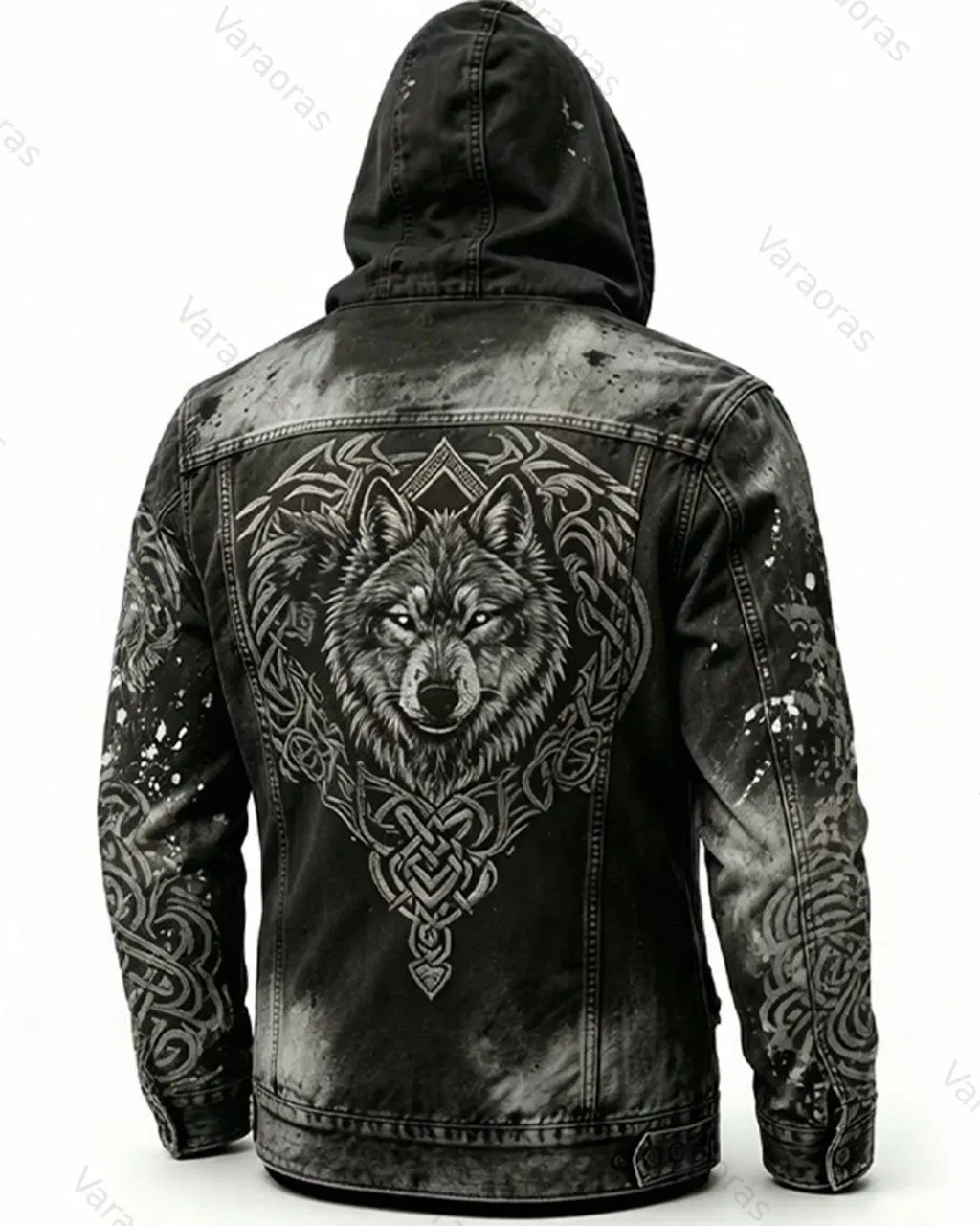 Men's Retro Fashion Viking Wolf Print cowboy Hooded Zip-Up Jacket  5724
