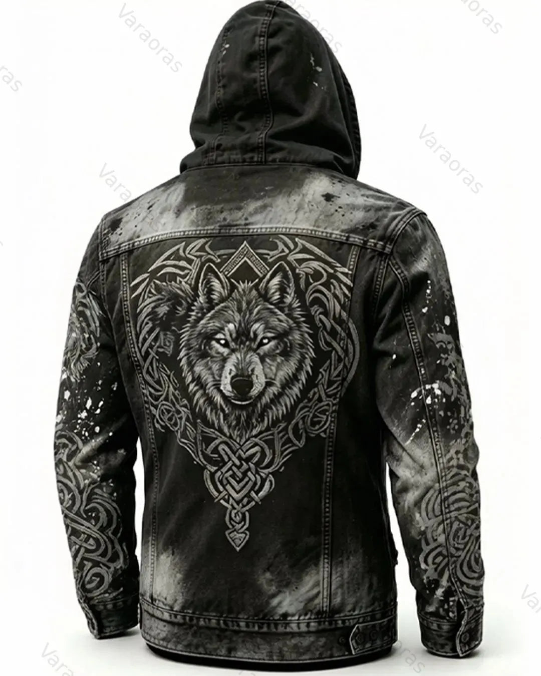 Men's Retro Fashion Viking Wolf Print cowboy Hooded Zip-Up Jacket  5724