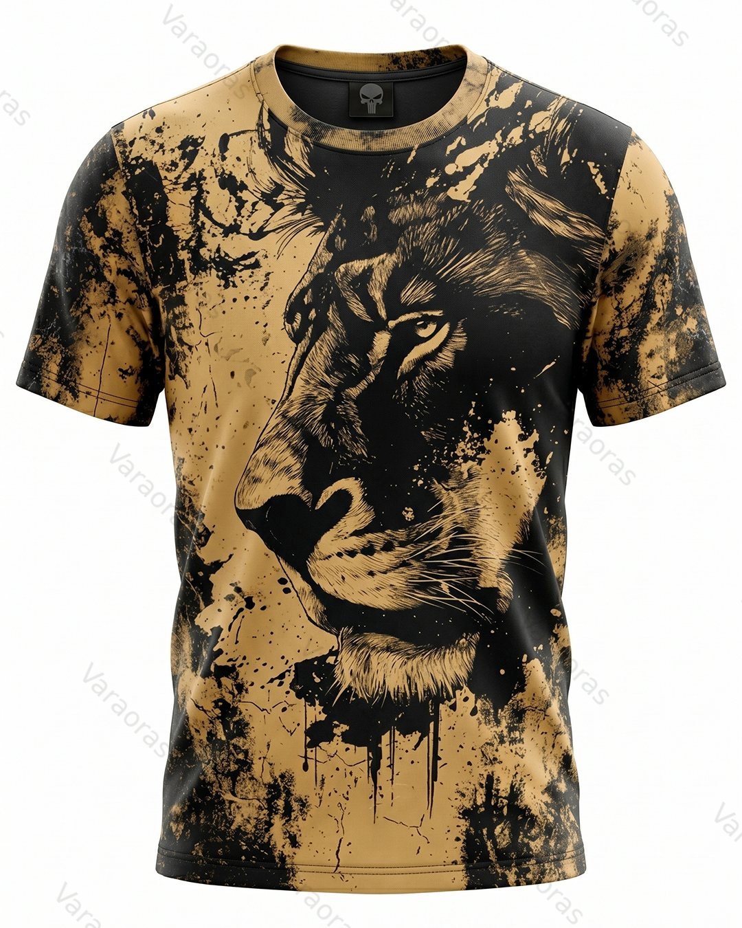 Men's Fashionable Viking Contrast Color Lions Print Wash T-shirt 3627