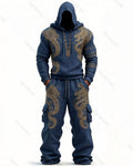 Men's Fashion Viking Contrast Color Embroidered Hoodie & Pants Two-Piece Set 8651