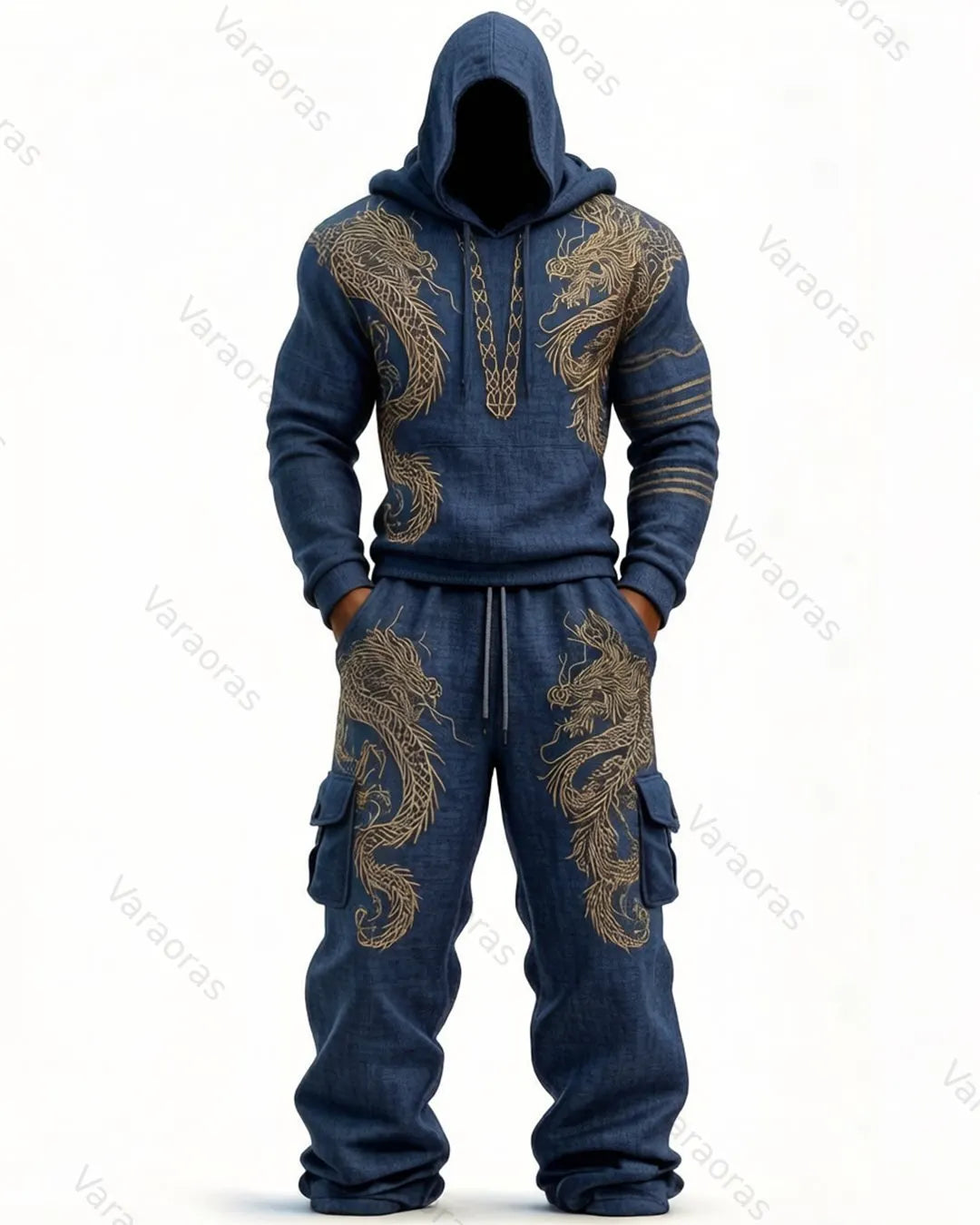 Men's Fashion Viking Contrast Color Embroidered Hoodie & Pants Two-Piece Set 8651