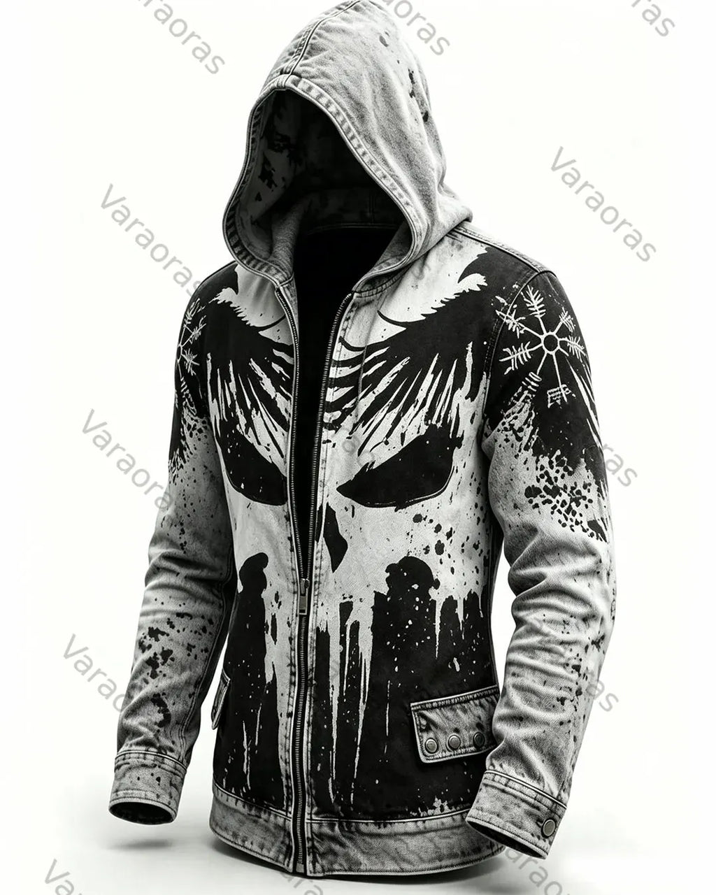 Men's Retro Fashion Skull Print Tie-Dye Cotton Linen Hooded Zip-Up Jacket 5417