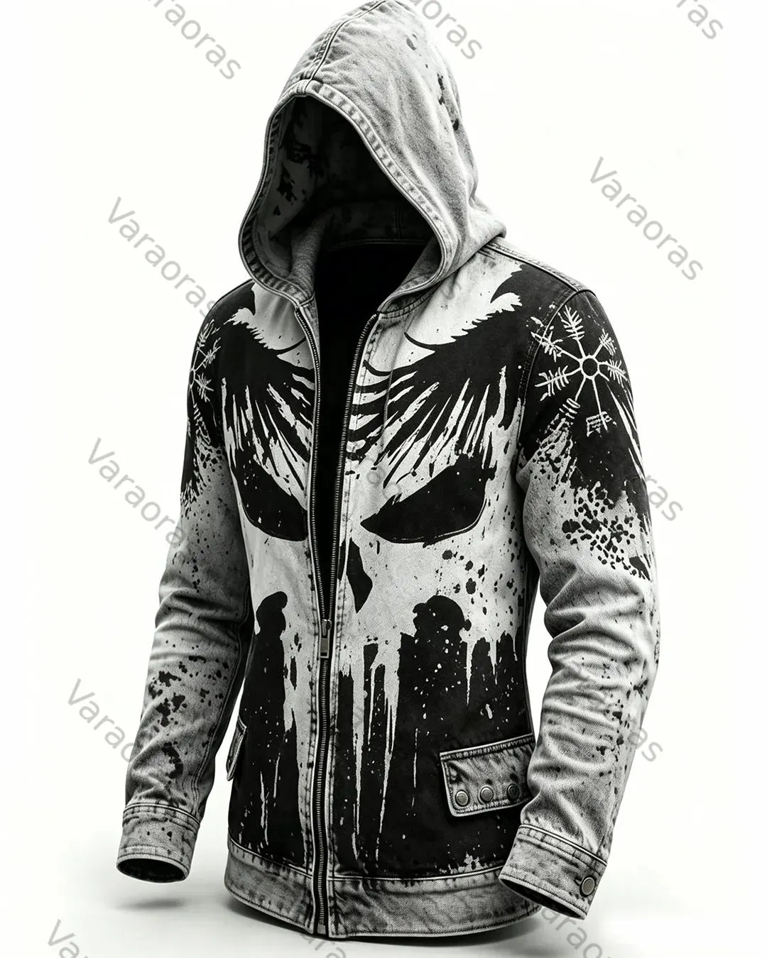 Men's Retro Fashion Skull Print Tie-Dye Cotton Linen Hooded Zip-Up Jacket 5417