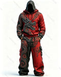 Men's Fashion Contrast Colo Red Dragonr Embroidered Hoodie & Pants Two-Piece Set 7659