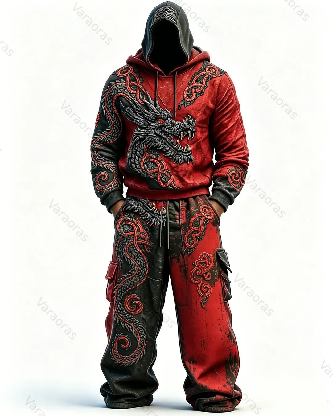 Men's Fashion Contrast Colo Red Dragonr Embroidered Hoodie & Pants Two-Piece Set 7659