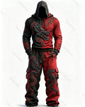 Men's Fashion Viking Contrast Color Dragon
 Embroidered Hoodie & Pants Two-Piece Set 3214