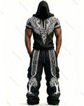 Men's Fashion Viking Contrast Color Embroidered Hoodie & Pants Two-Piece Set 4017