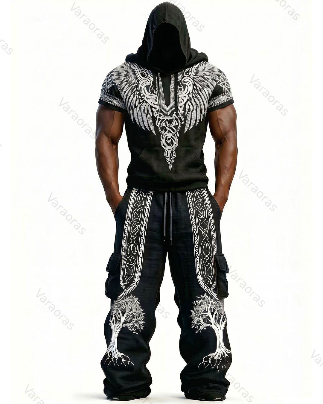 Men's Fashion Viking Contrast Color Embroidered Hoodie & Pants Two-Piece Set 4017