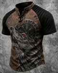 Men's Viking Wolf Print Short-Sleeve Henley T-Shirt 4610