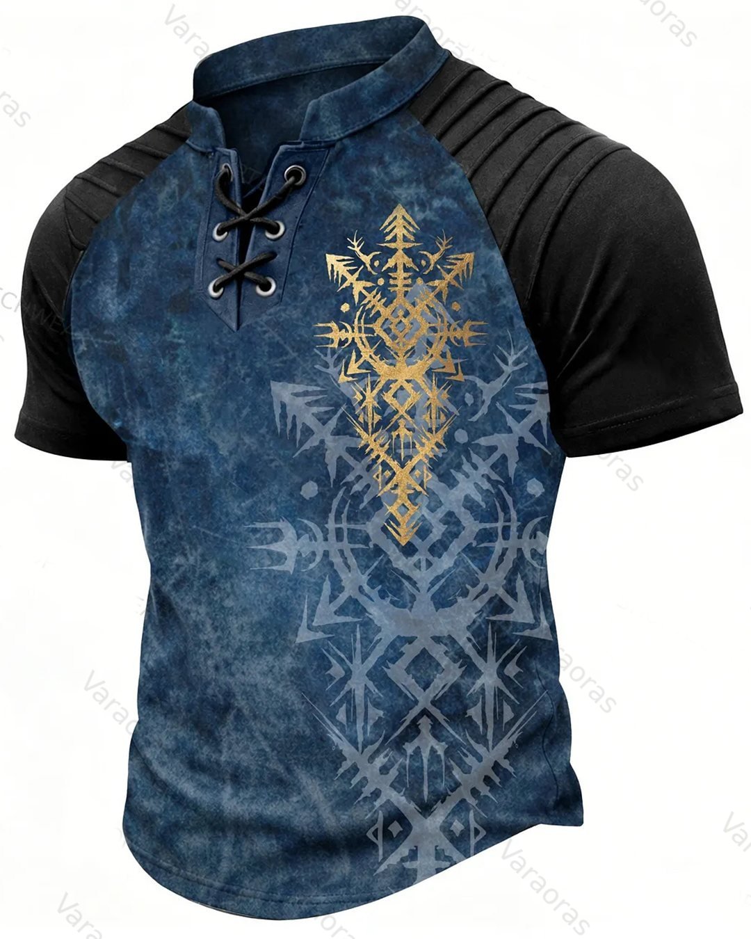 Men's Viking-Style Lace-Up Short-Sleeve T-Shirt with Tribal Print and Henley Collar 2914