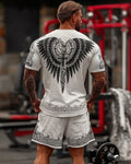 Men's Viking-Style Color-Block Embroidered Short-Sleeve Shirt and Shorts Set 2189