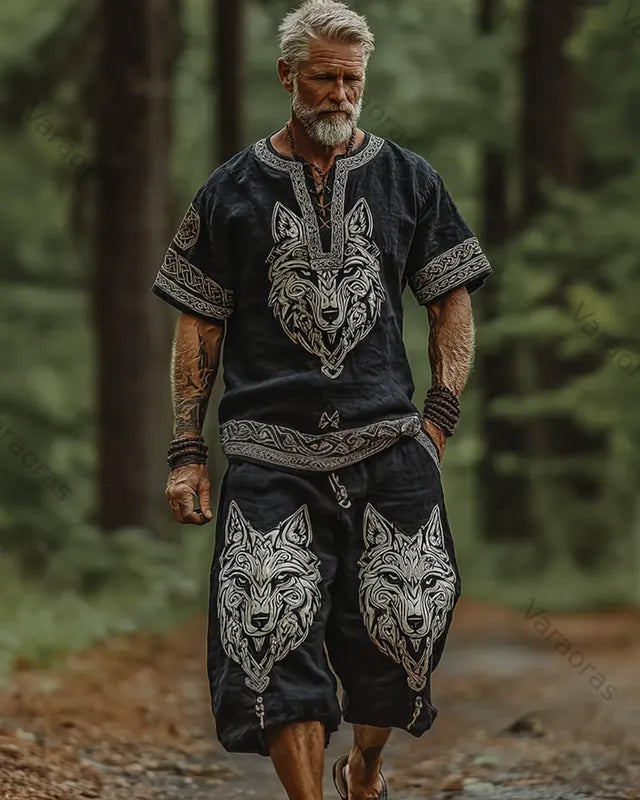 Men's Viking Fashion Color-Blocked Embroidered Linen Short-Sleeved Two-Piece Set 4230
