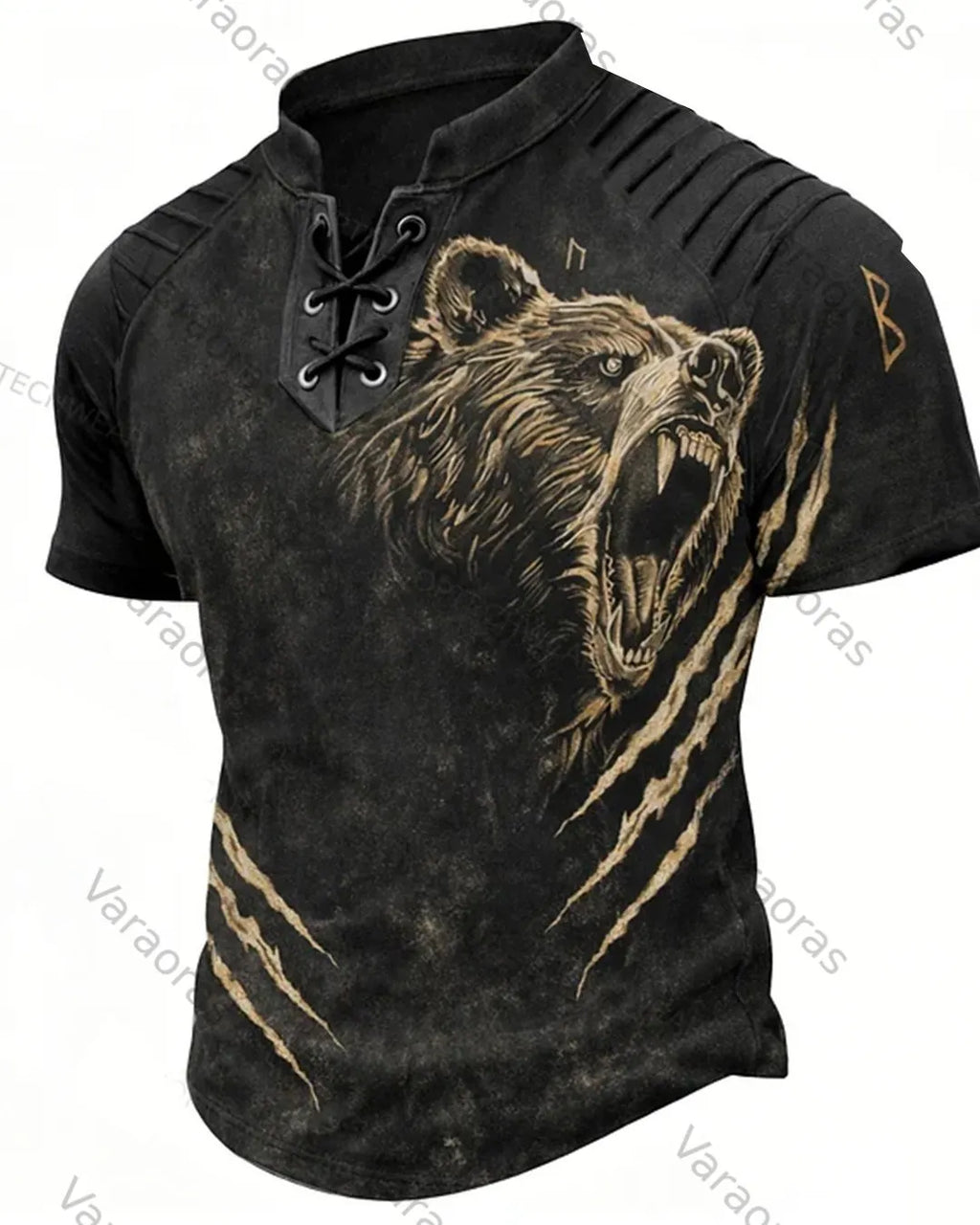 Men's Viking Roaring Bear Claw Print Short-Sleeve Henley T-Shirt 1946