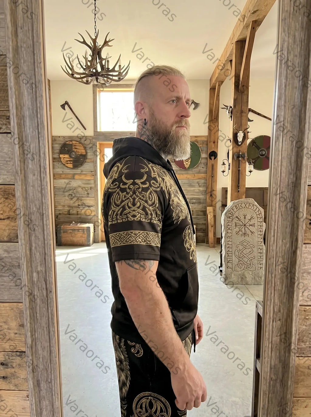 Men's Viking Contrast Color Wolf Embroidered Short-Sleeve Hoodie & Shorts Two-Piece Set 5624