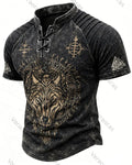 Men's Viking Wolf Rune Print Short-Sleeve Henley T-Shirt 4995
