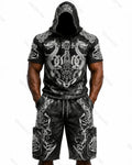 Men's Viking Color-Block Embroidered Hooded Short-Sleeved Top and Shorts Set 3163