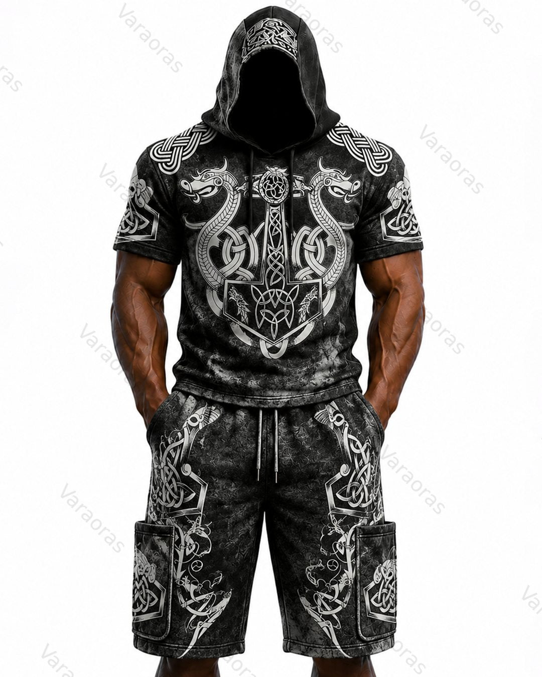 Men's Viking Color-Block Embroidered Hooded Short-Sleeved Top and Shorts Set 3163