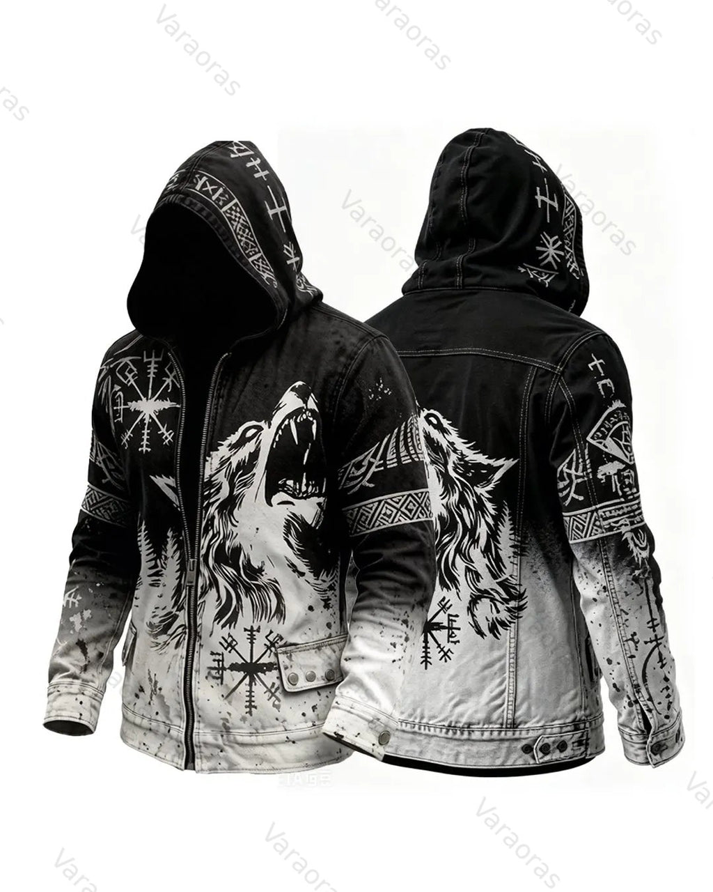 Men's Retro Fashion Viking Wolf Print Cotton Linen Hooded Zip-Up Jacket  6175