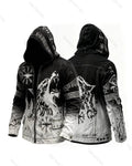 Men's Retro Fashion Viking Wolf Print Cotton Linen Hooded Zip-Up Jacket  6175