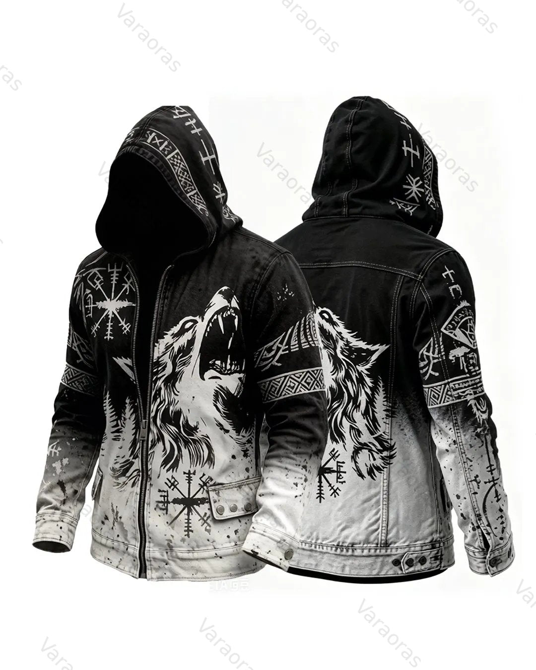 Men's Retro Fashion Viking Wolf Print Cotton Linen Hooded Zip-Up Jacket  6175