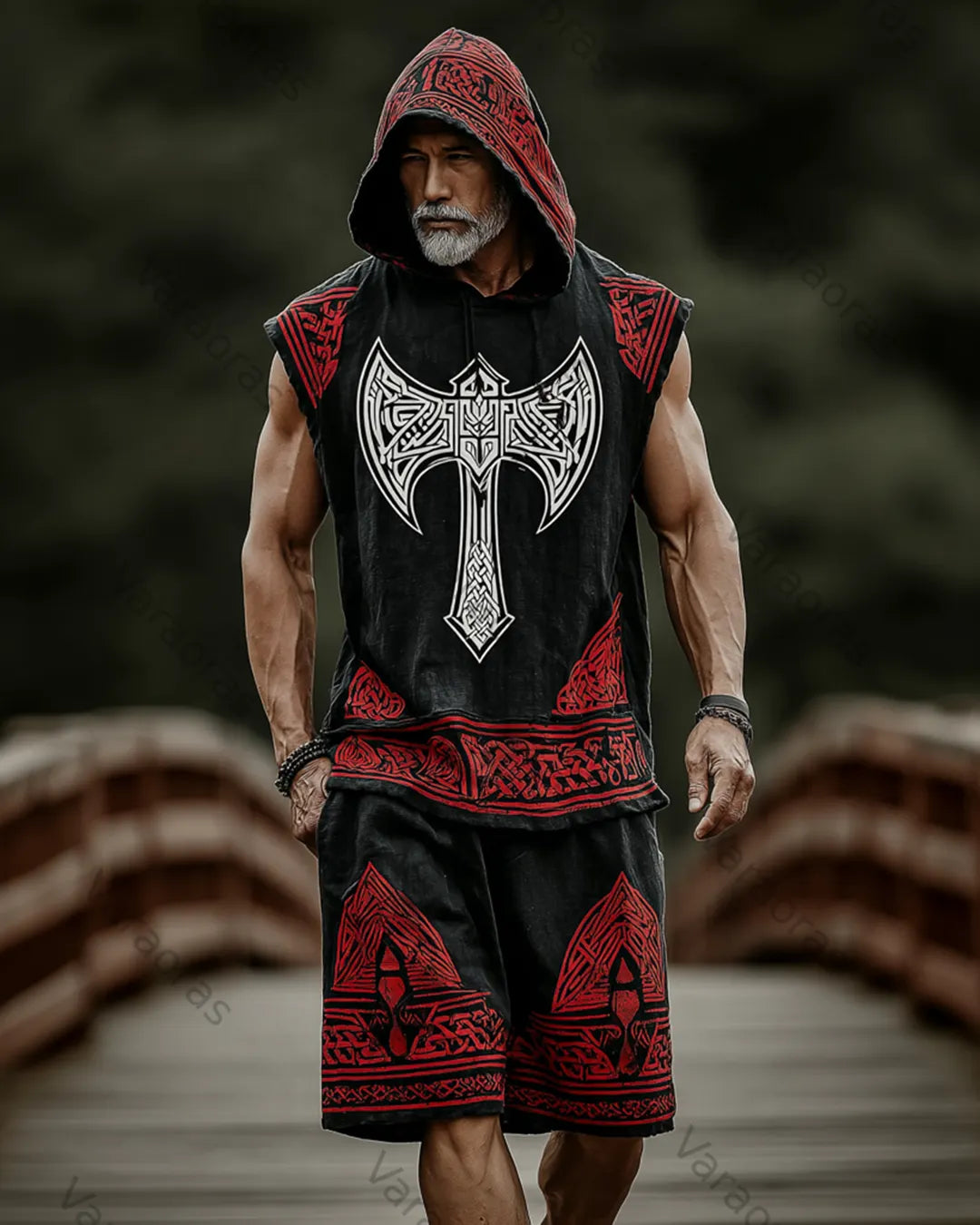 Men's Viking Color-Block Linen Sleeveless Hooded Top and Pants Two-Piece Set 3060