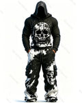 Men's Fashion Viking Contrast Color Skull Embroidered Hoodie & Pants Two-Piece Set 4735