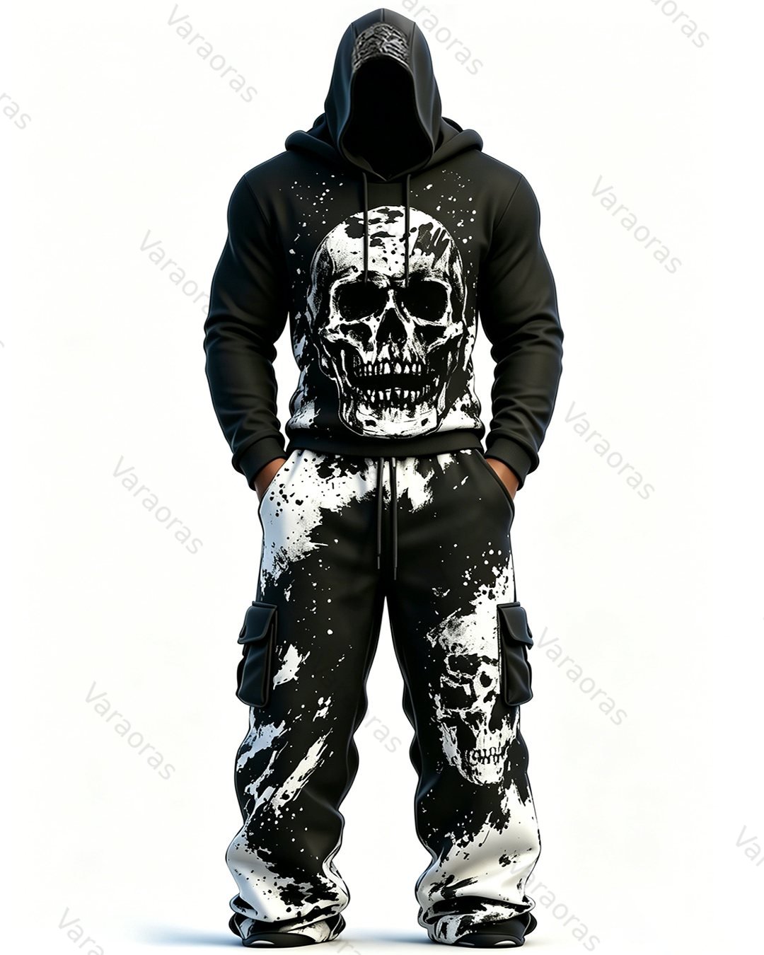 Men's Fashion Viking Contrast Color Skull Embroidered Hoodie & Pants Two-Piece Set 4735