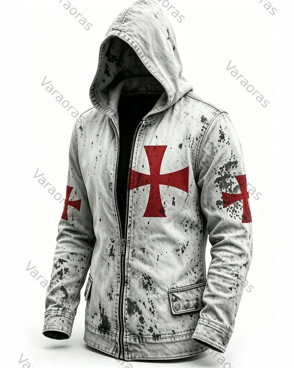 Men's Retro Fashion Red Cross Print Cotton Linen Hooded Zipper Jacket 9630