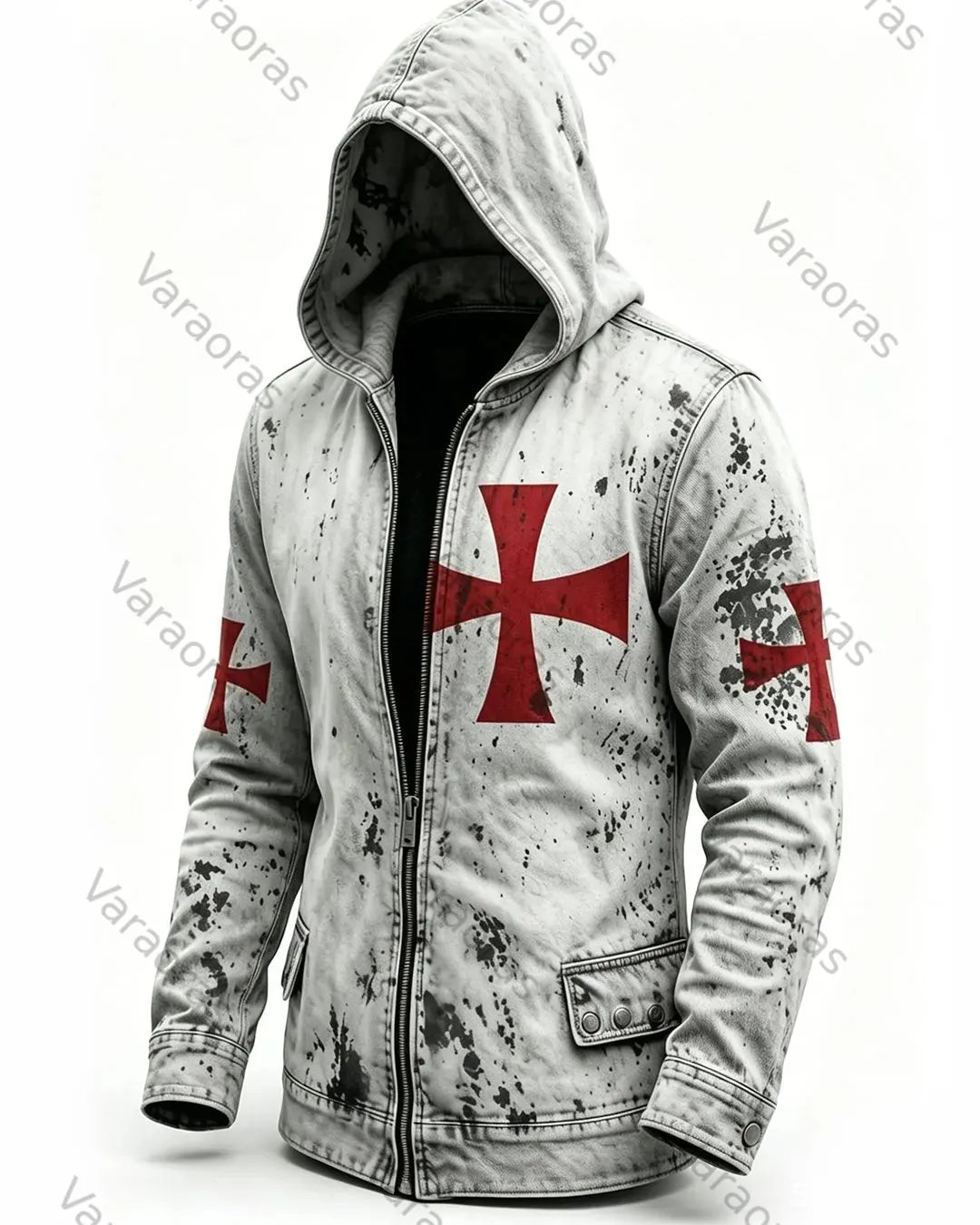 Men's Retro Fashion Red Cross Print Cotton Linen Hooded Zipper Jacket 9630