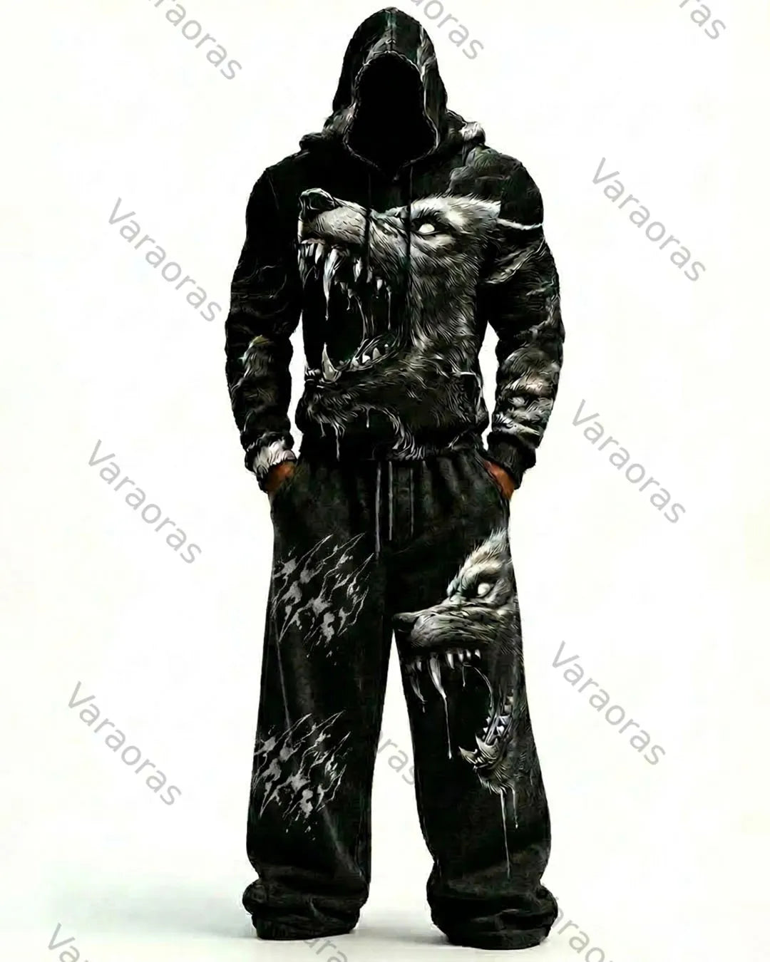 Men's Fashion Viking Contrast Color Embroidered Hoodie & Pants Two-Piece Set 3684