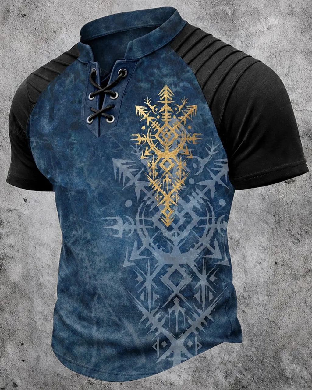 Men's Viking-Style Lace-Up Short-Sleeve T-Shirt with Tribal Print and Henley Collar 2914