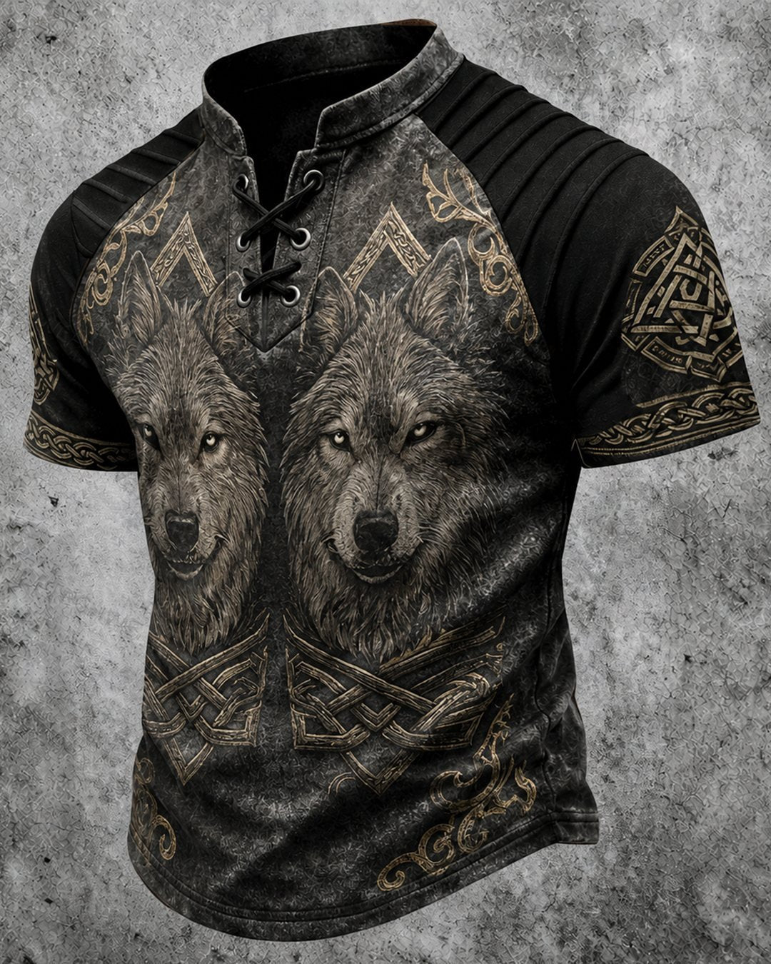 Men's Viking Wolf Print Short-Sleeve Henley T-Shirt 8776