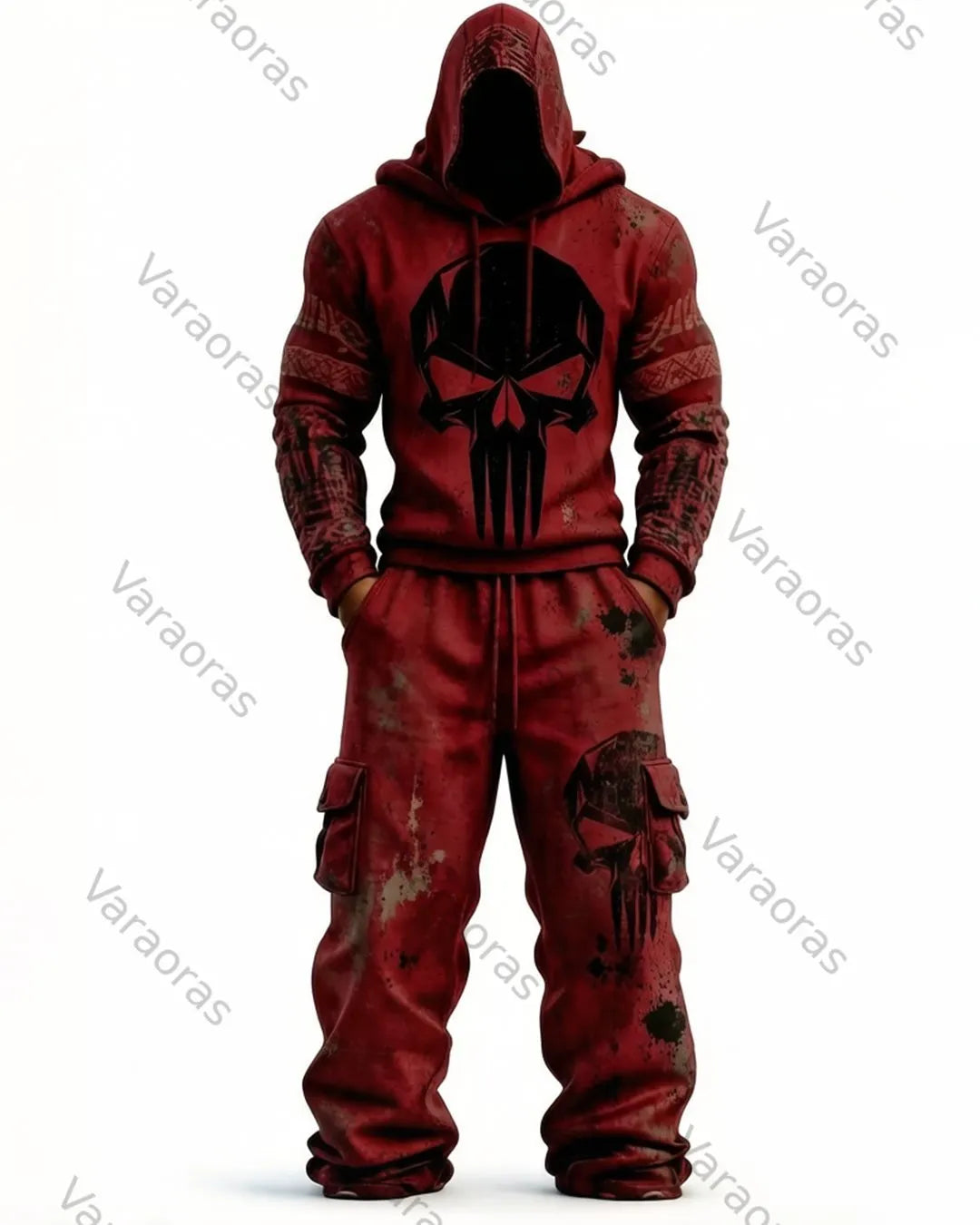 Men's Fashion Skull Contrast Color Embroidered Hoodie & Pants Two-Piece Set 8954