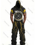 Men's Fashion Viking Contrast Color Embroidered Hoodie & Pants Two-Piece Set 1572