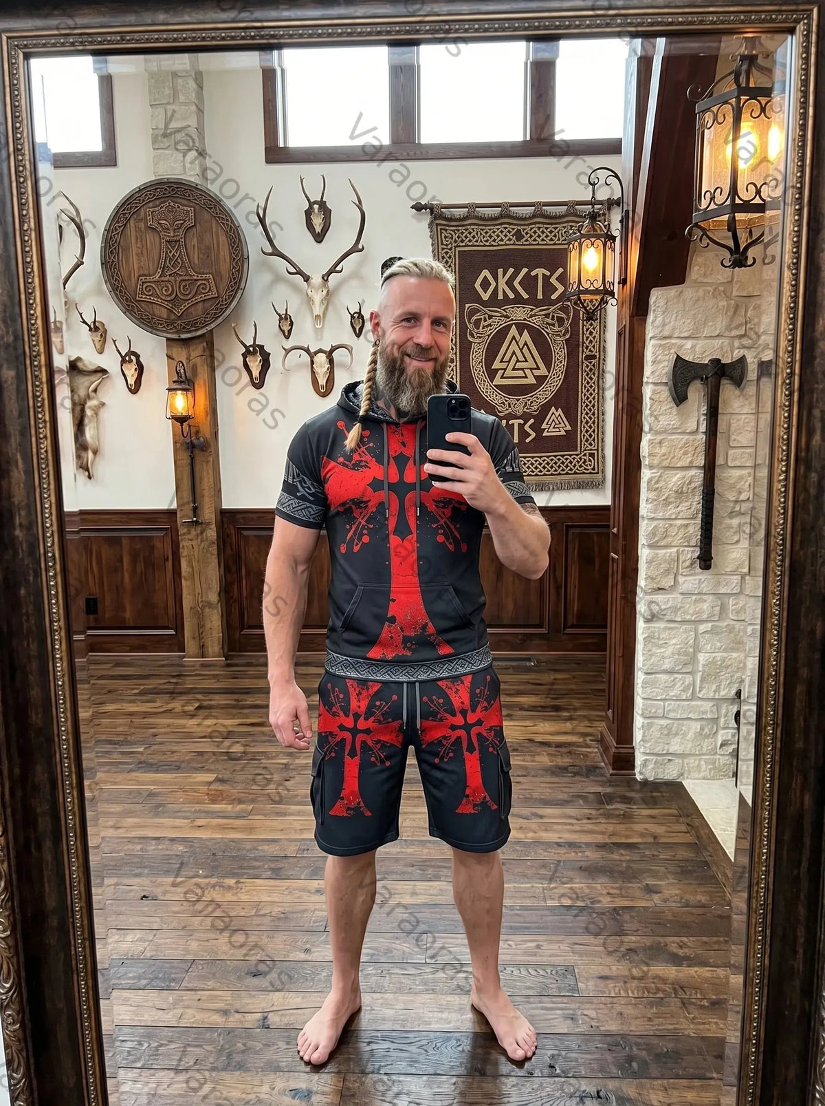 Men's Viking Contrast Color Cross Embroidered Short-Sleeve Hoodie & Shorts Two-Piece Set 1765