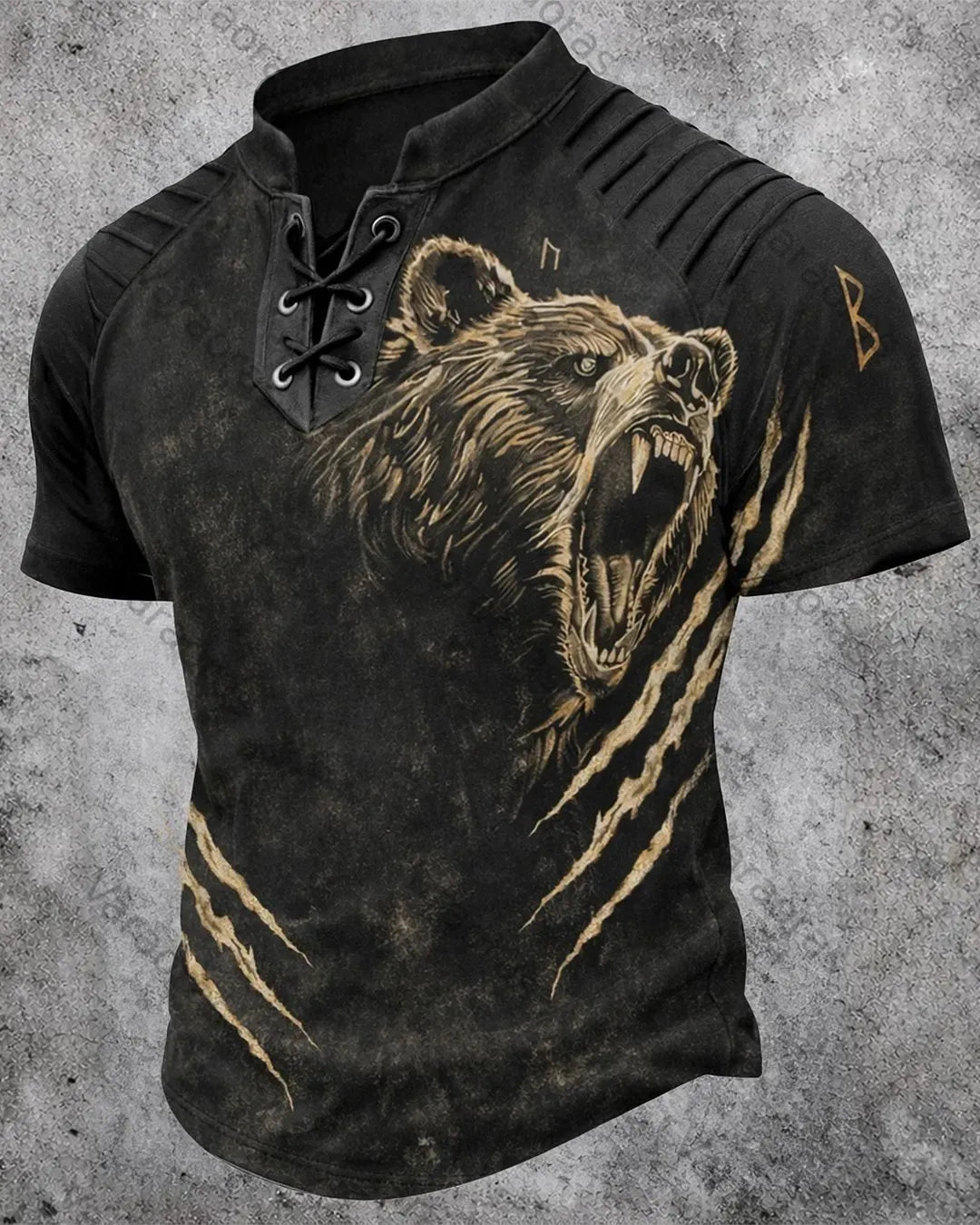Men's Viking Roaring Bear Claw Print Short-Sleeve Henley T-Shirt 1946