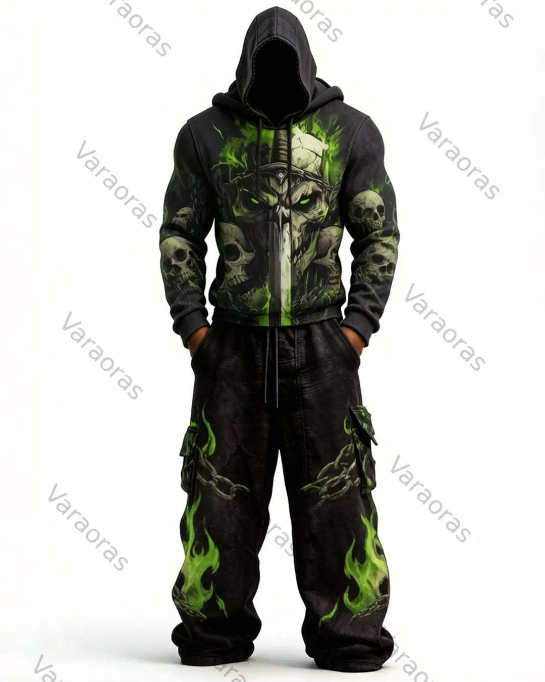Men's Color-Block Skull-Embroidered Hoodie & Pants Two-Piece Set 2629
