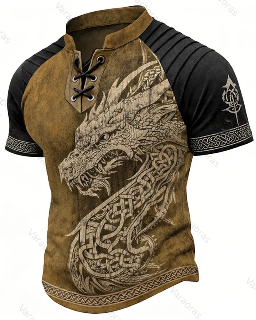 Men's Viking Fantasy Dragon Print Short-Sleeve Henley T-Shirt 1232