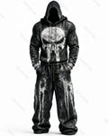 Men's Fashion Skull Contrast Color Embroidered Hoodie & Pants Two-Piece Set 7105