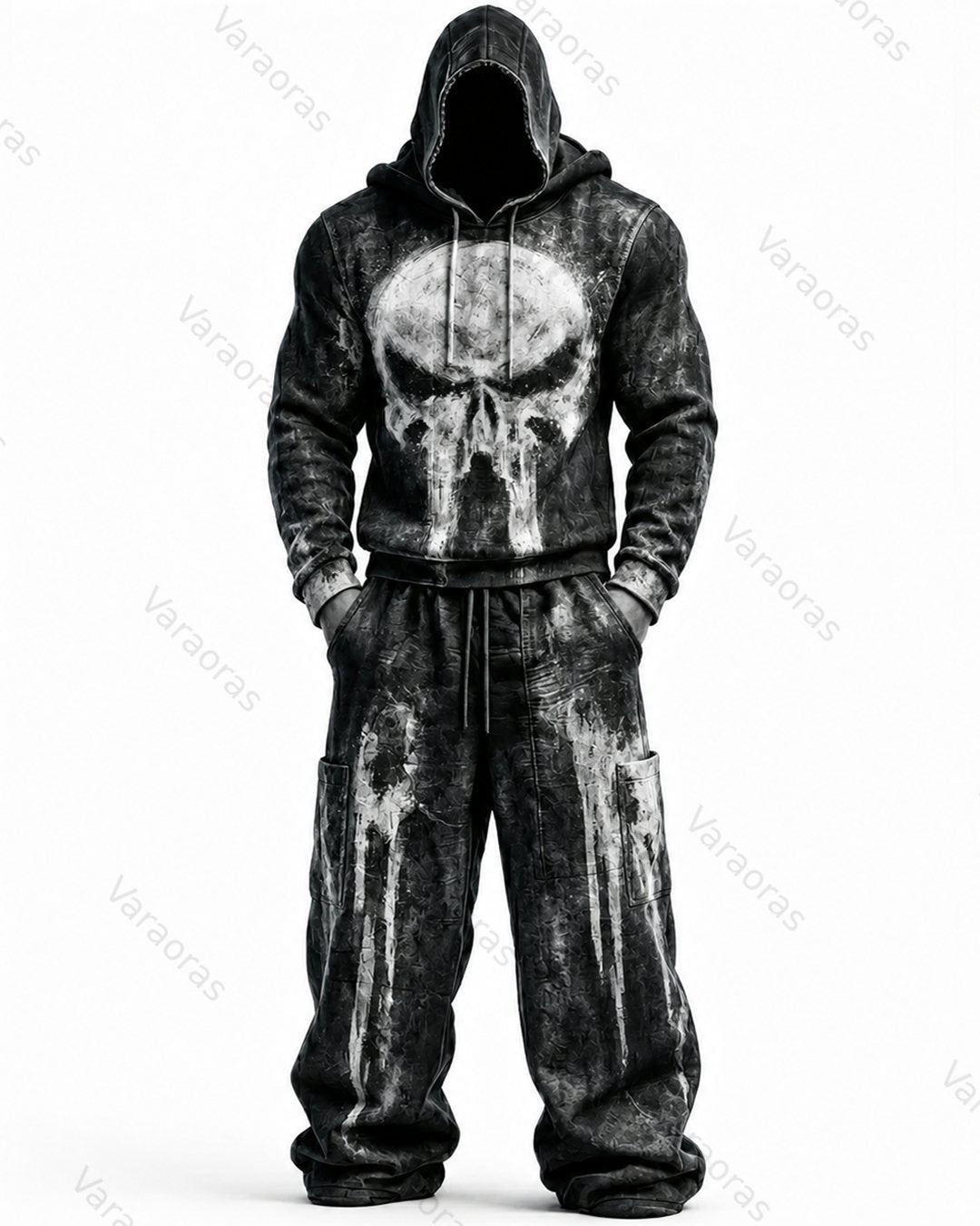 Men's Fashion Skull Contrast Color Embroidered Hoodie & Pants Two-Piece Set 7105