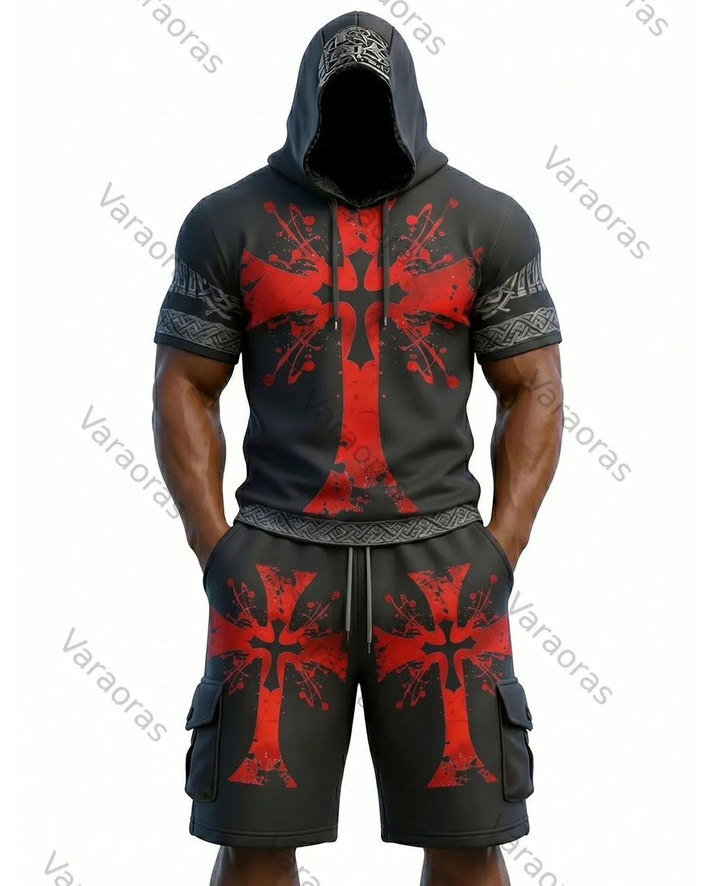 Men's Viking Contrast Color Cross Embroidered Short-Sleeve Hoodie & Shorts Two-Piece Set 1765