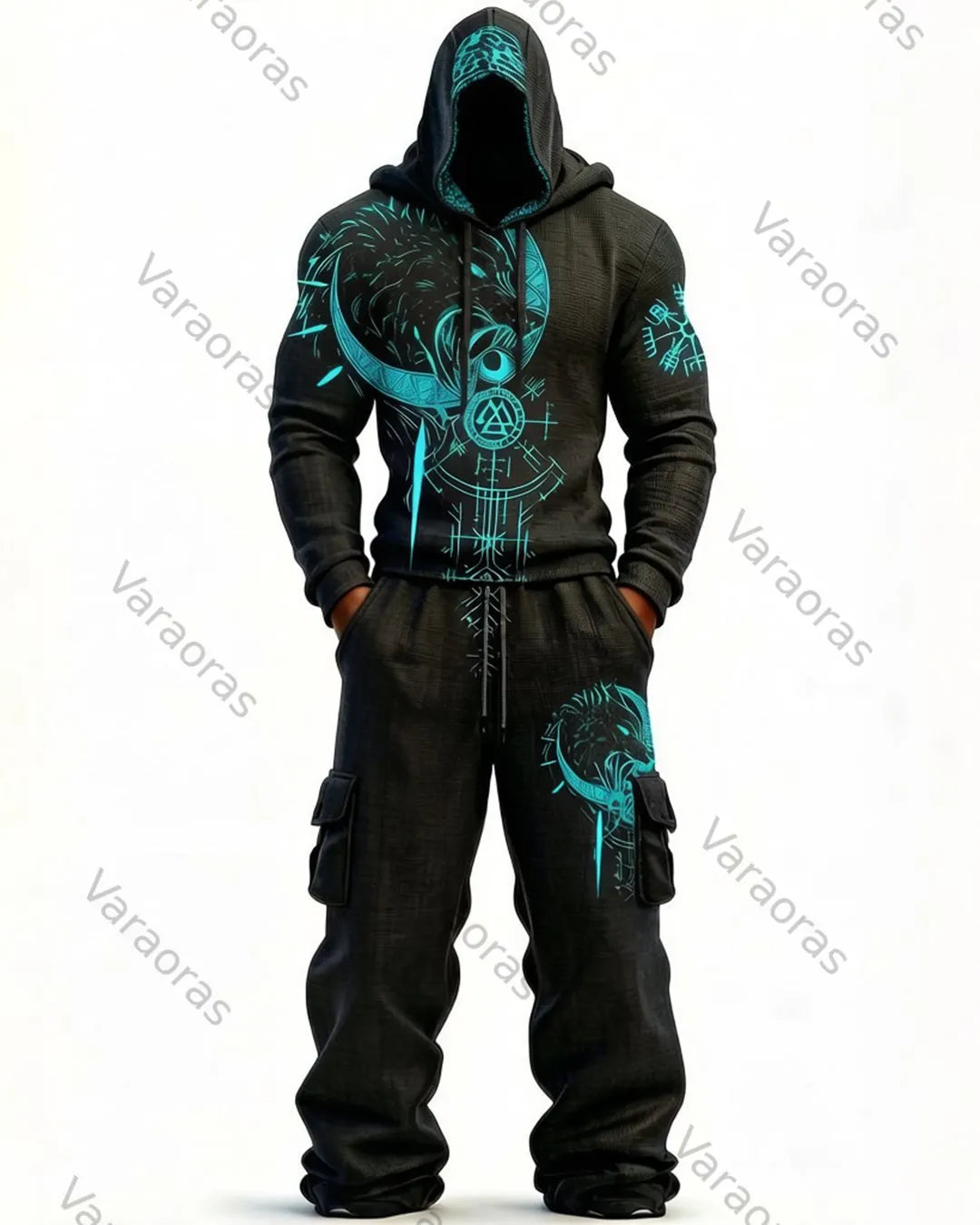Men's Fashion Viking Contrast Color Embroidered Hoodie & Pants Two-Piece Set 9441