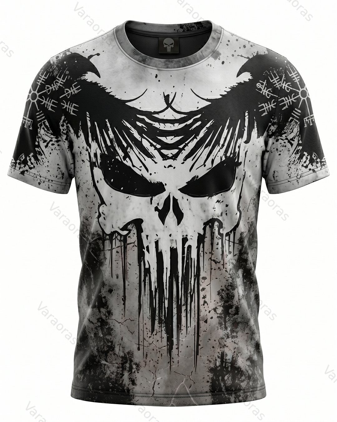 Men's Fashionable Viking Contrast Color Skull and Raven Print T-shirt 4239